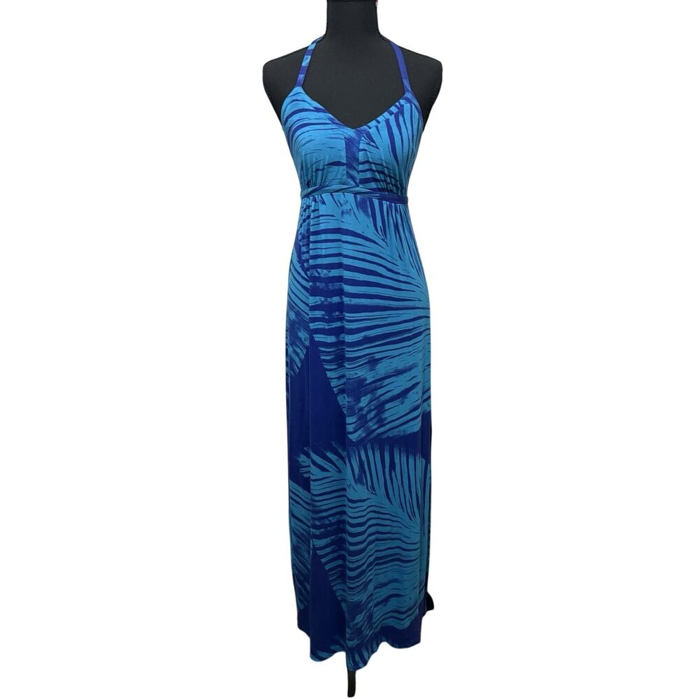 Express Tropical Palm Print Halter Maxi Dress Size XS Blue Backless Resort